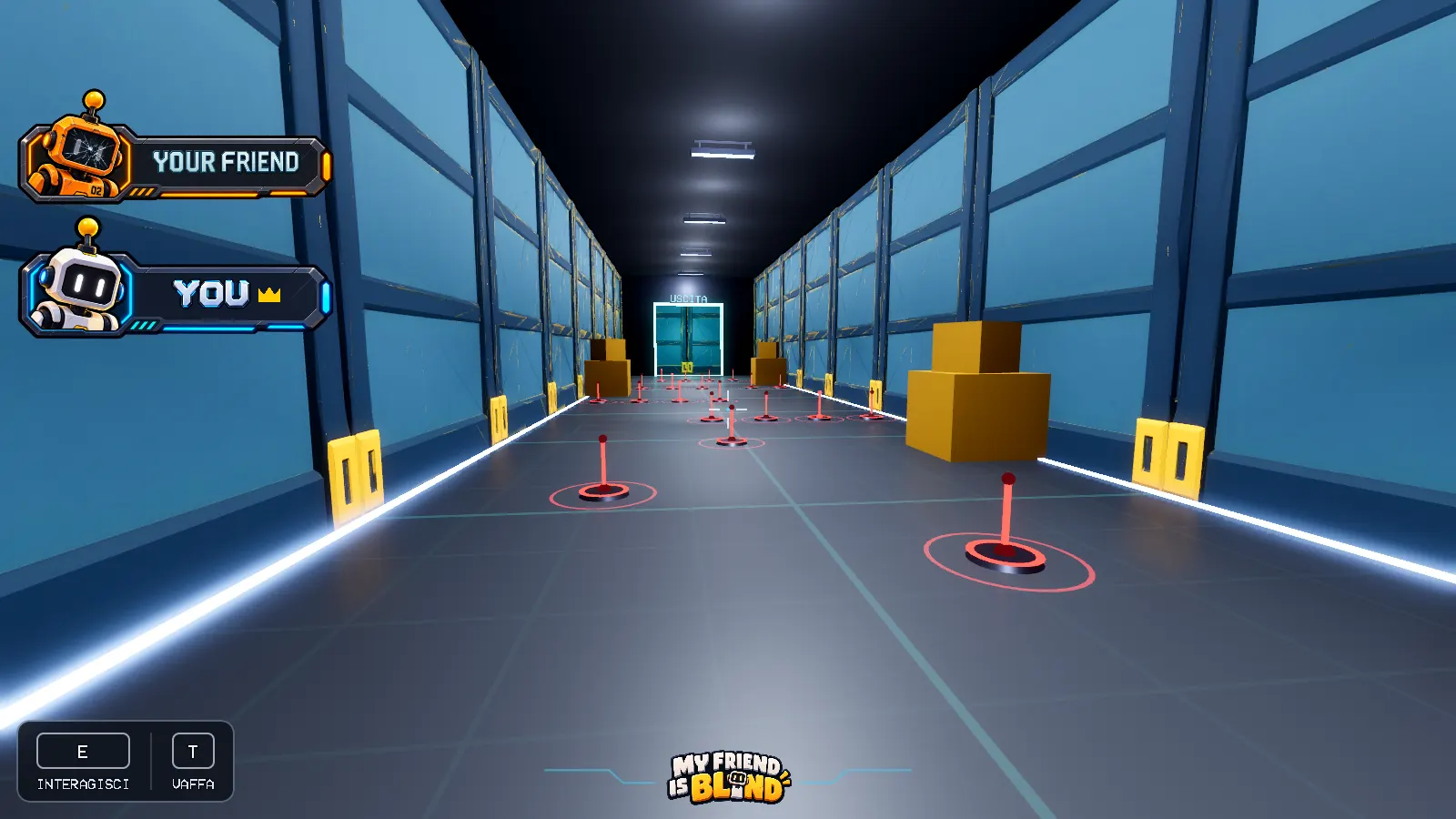 The start of Minefield as the Guide sees it: a lit corridor, the mines marked in red.